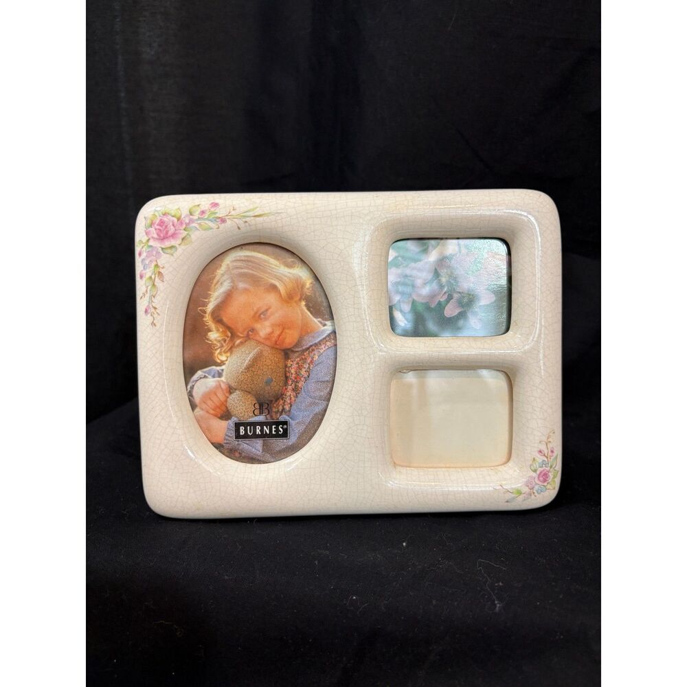 Vintage Burnes of Boston 3-Opening Ceramic Floral Picture Frame